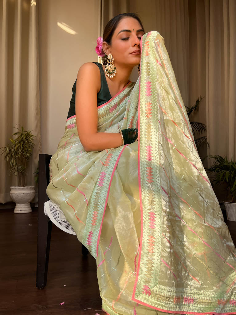 Lime Green French Organza Silk Saree
