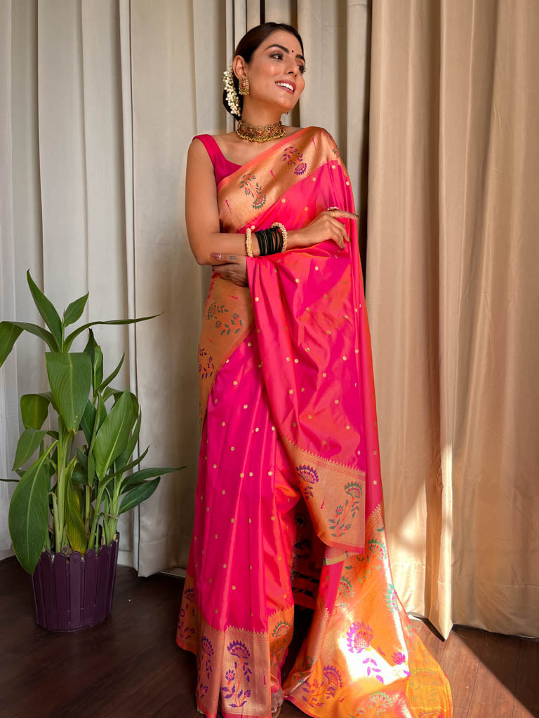 Carrot Pink Paithani Silk Saree