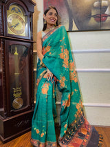 Ocean Green Linen Sequined Saree
