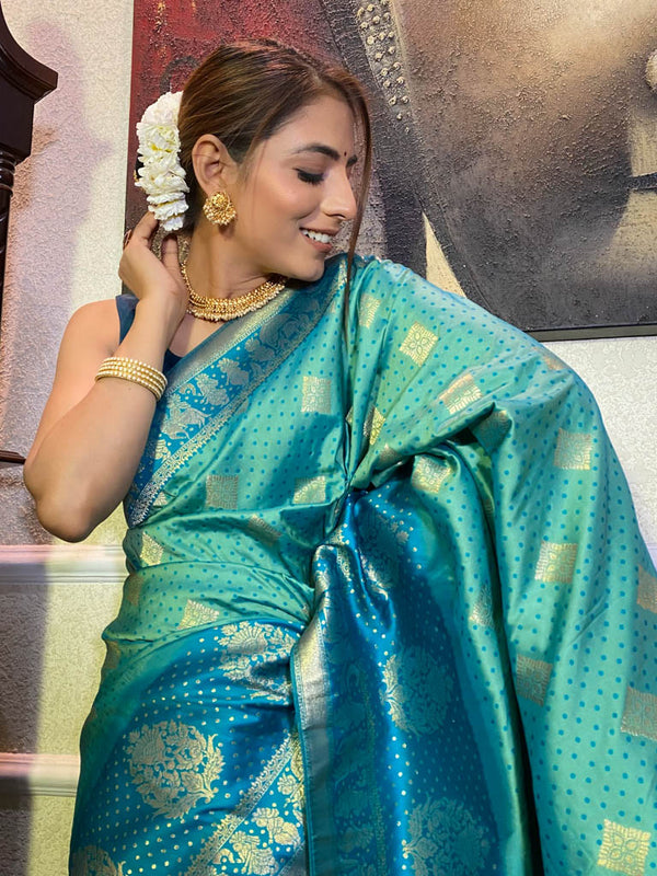 Teal Blue Banarasi Handloom Silk Saree