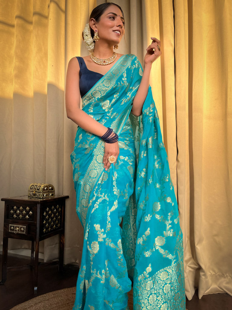 Firozi Blue Banarasi Khaddi Weaved Georgette Saree