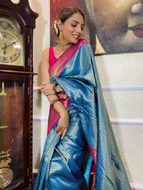 Azure Blue Kanjeevaram Silk Banarasi Handloom Saree