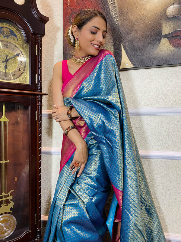 Azure Blue Kanjeevaram Silk Banarasi Handloom Saree
