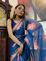 Azure Blue Linen Sequined Saree