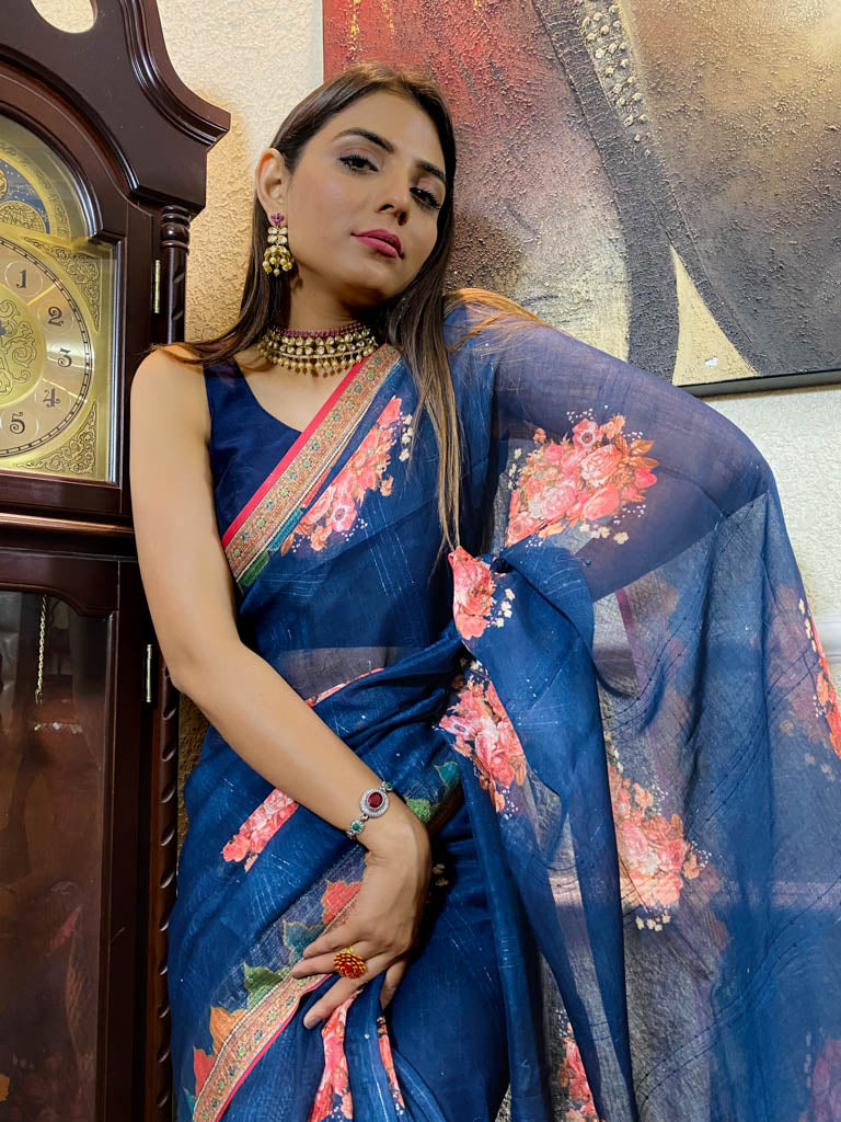 Azure Blue Linen Sequined Saree
