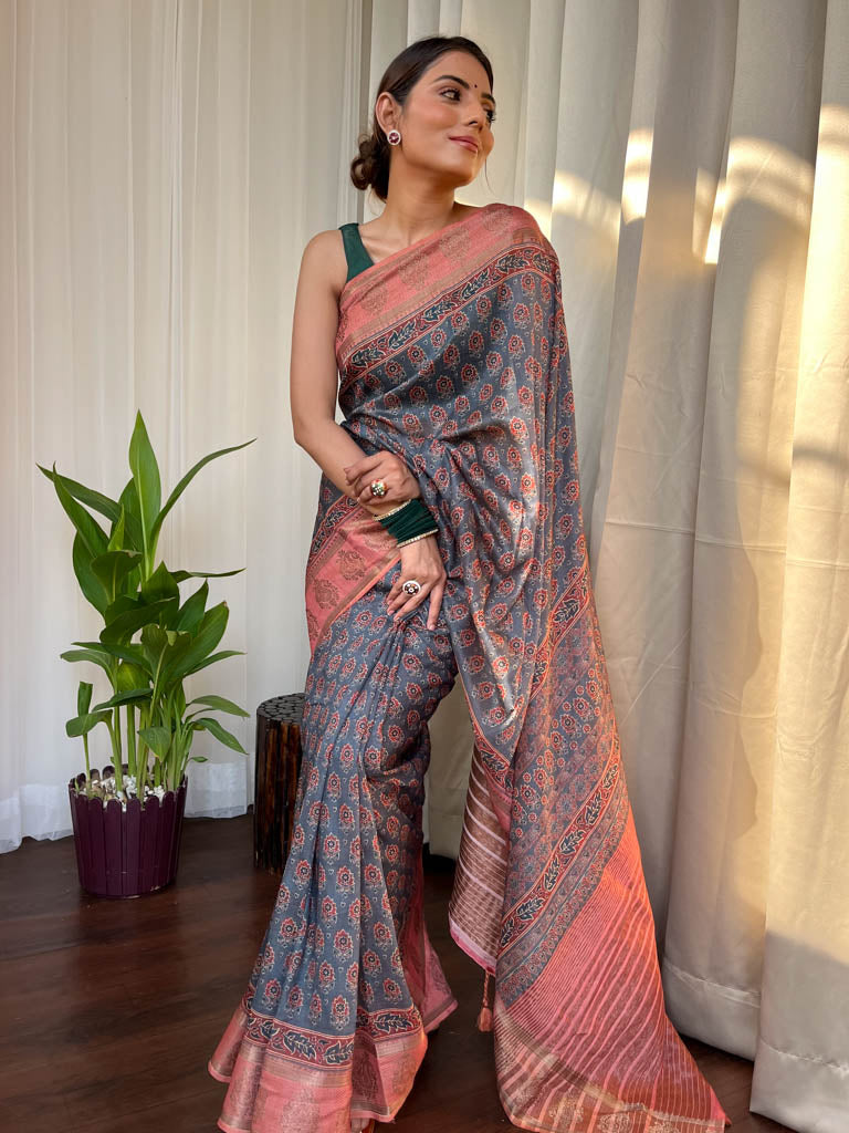 Spruce Blue Naturally Dyed Bagru Cotton Silk Saree