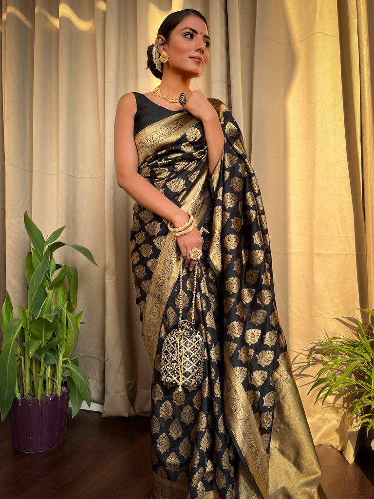 Midnight Black Banarasi Silk Saree