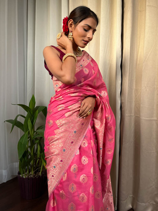 Onion Pink Meenakari Cotton Silk Saree