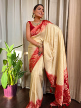 Off White Red Banarasi Silk Saree