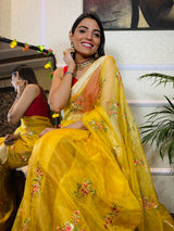 Canary Yellow Organza Silk Saree