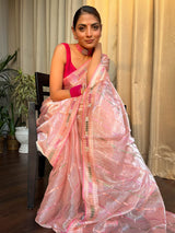 Salmon Pink French Organza Silk Saree