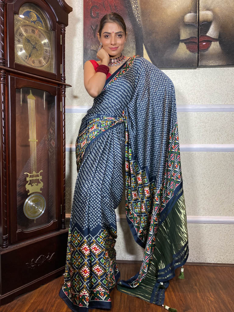 Spruce Blue Mulberry Silk Patola Saree