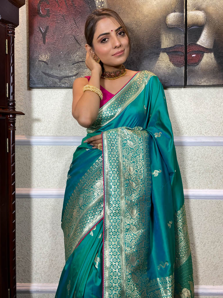 Turquoise Blue Banarasi Silk Saree