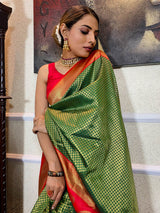 Bottle Green Kanjeevaram Silk Banarasi Handloom Saree