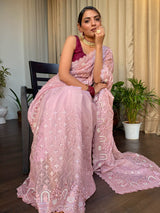 Blush Pink Organza Silk Saree with Scalloped Border