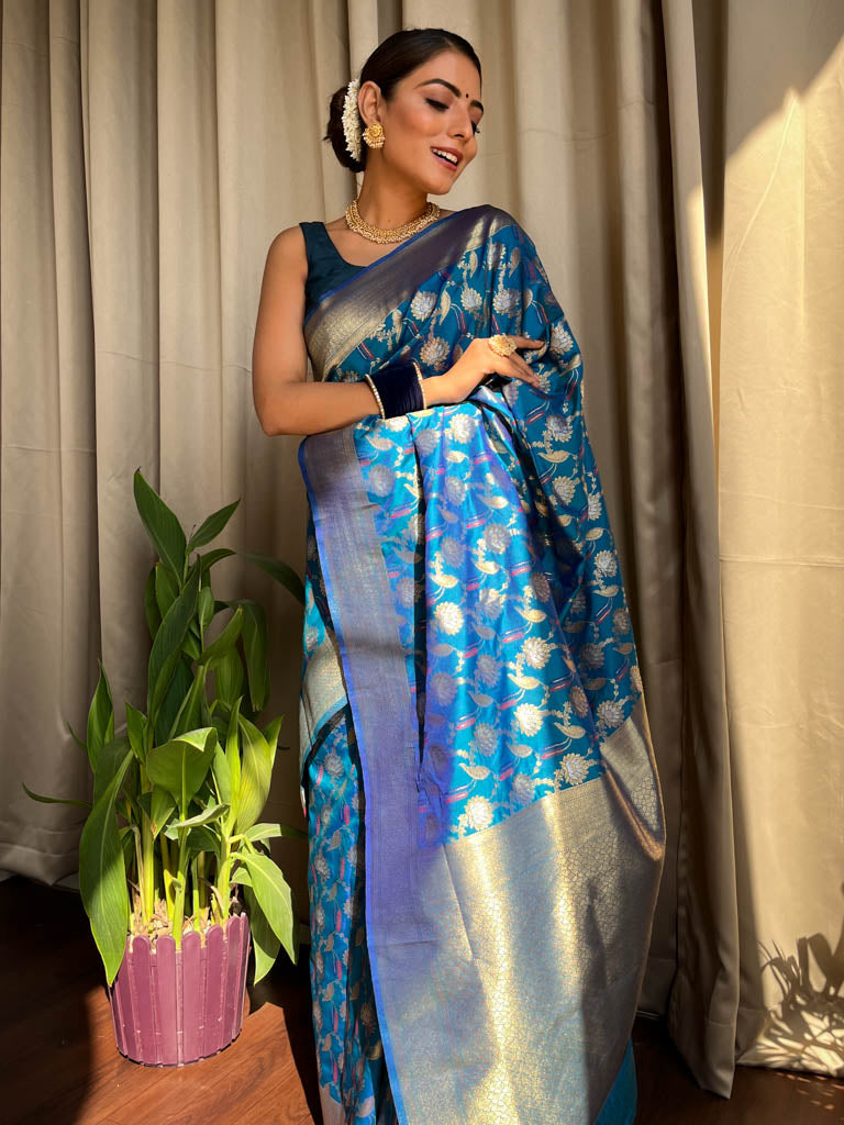 Azure blue Meenakari Banarasi Silk Saree