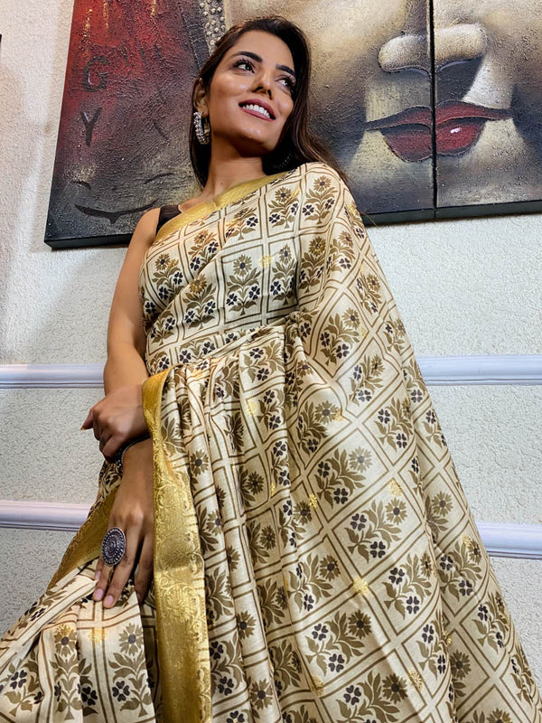 Beige Yellow Uppada Cotton Silk Saree