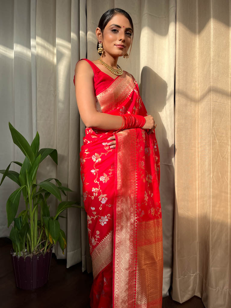 Crimson Red Banarasi Silk Saree