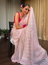Flamingo Pink Organza Silk Saree with Scalloped Border