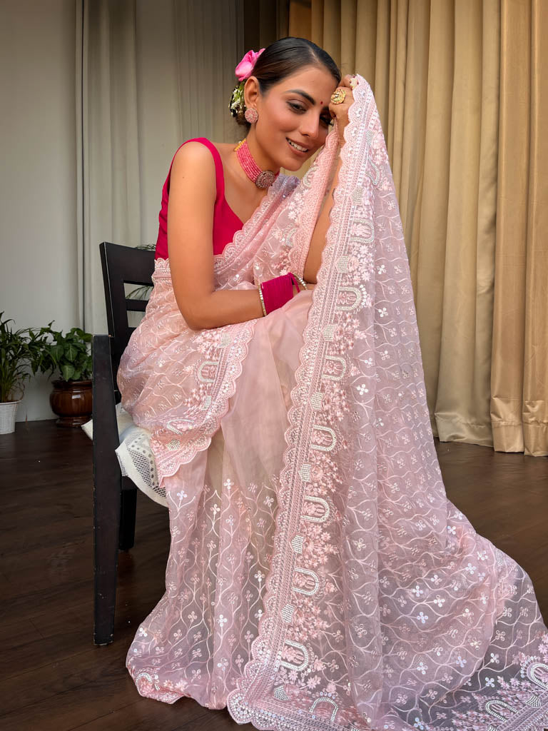 Flamingo Pink Organza Silk Saree with Scalloped Border