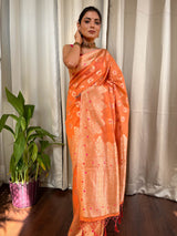 Carrot Orange Meenakari Cotton Silk Saree