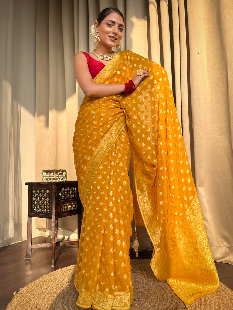 Mustard Yellow Banarasi Khaddi Weaved Georgette Saree