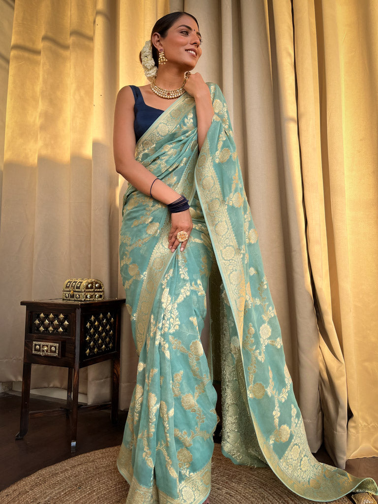 French green Banarasi Khaddi Weaved Georgette Saree