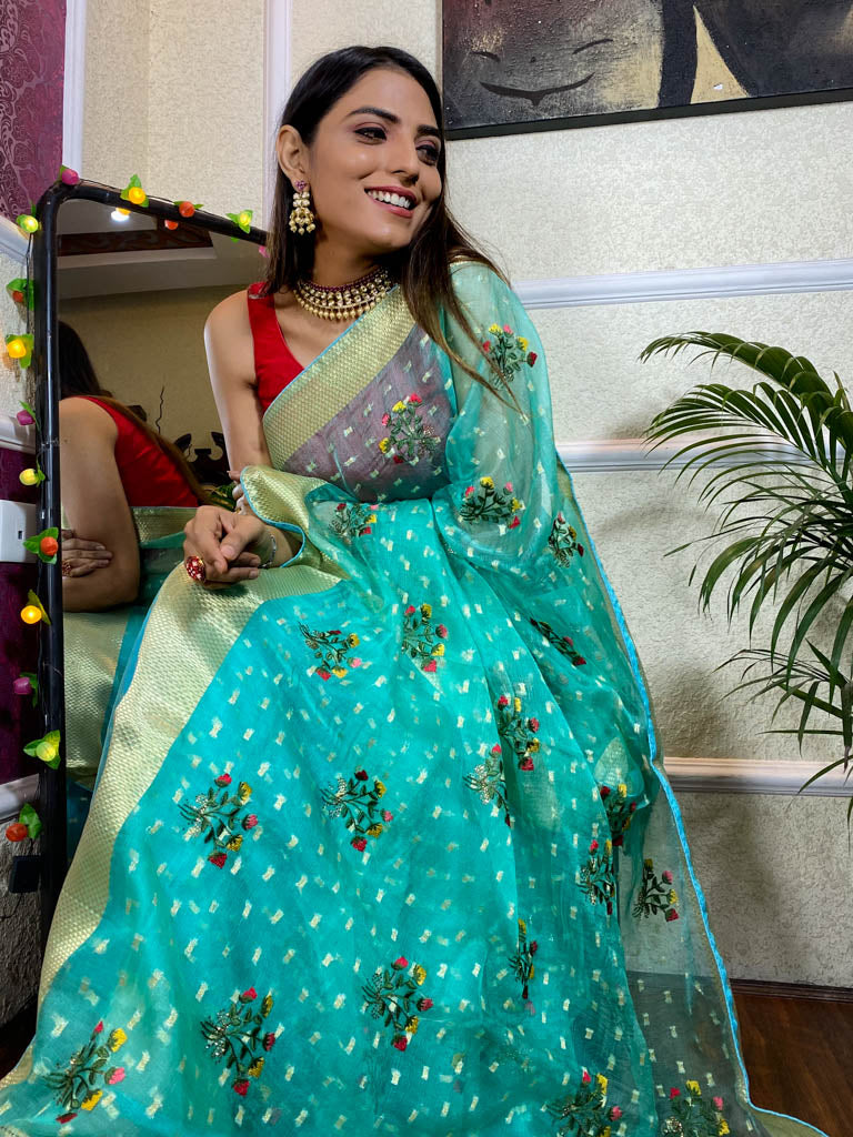 Sapphire Blue Organza Silk Saree