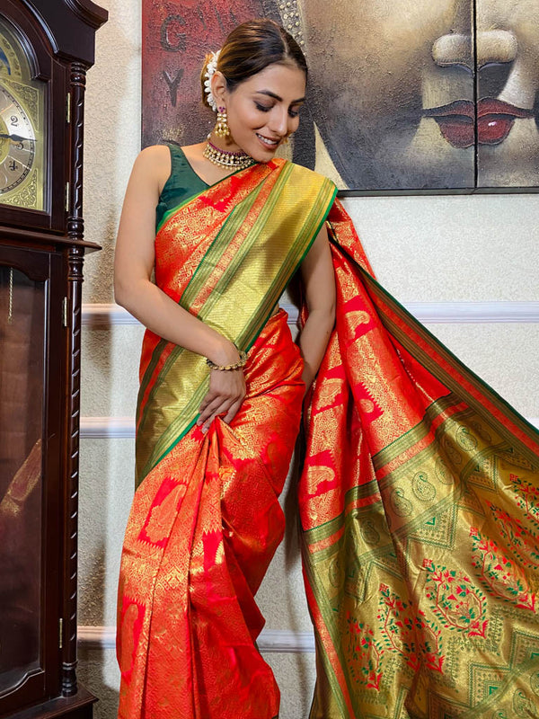 Scarlet Red Kanjeevaram Silk Banarasi Handloom Saree