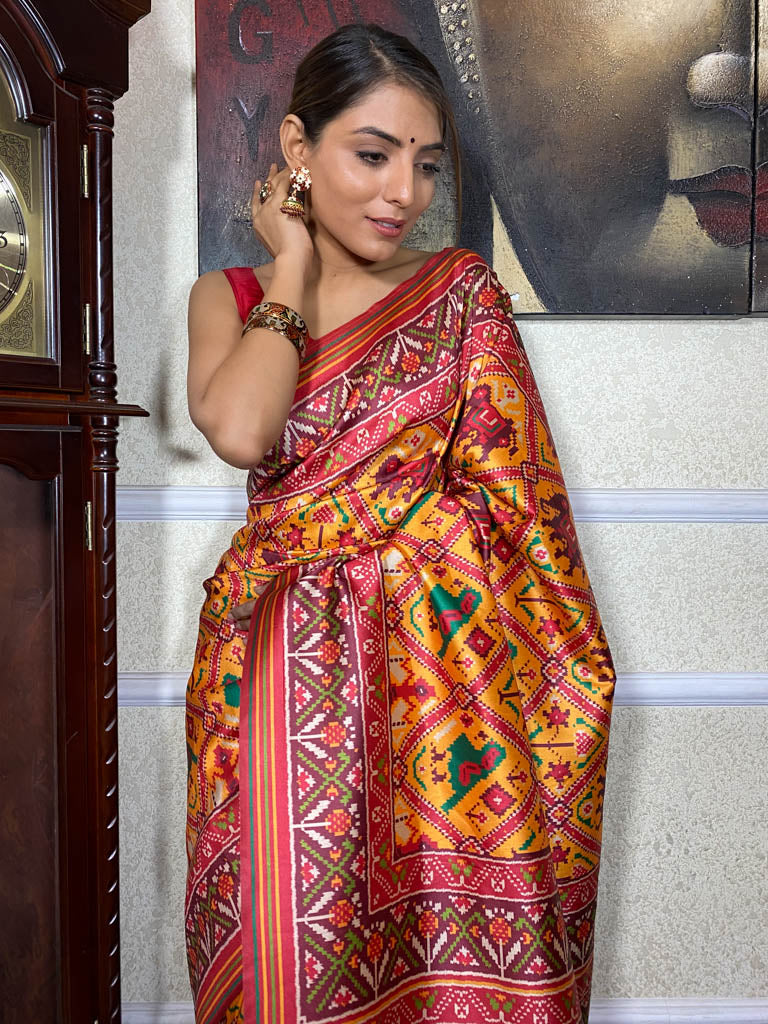 Mustard Yellow Patola Tussar Silk Saree