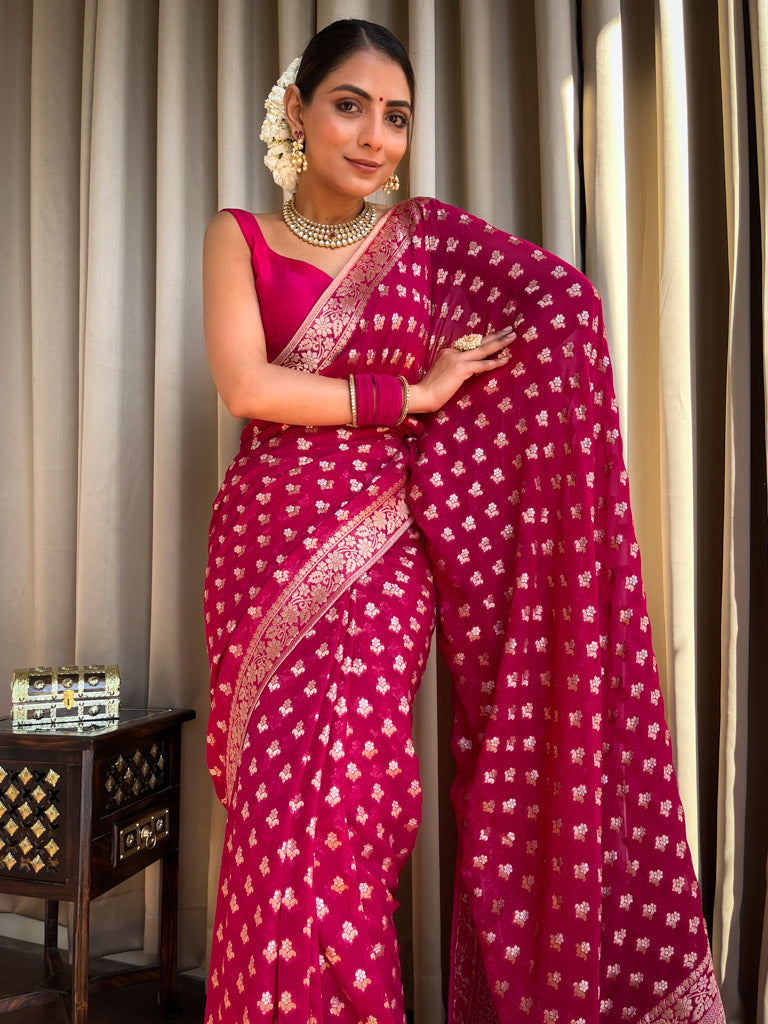 Queen Pink Banarasi Khaddi Weaved Georgette Saree