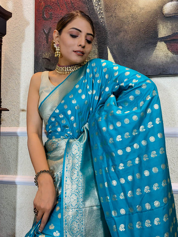 Turquoise Blue Banarasi Silk Handloom Saree