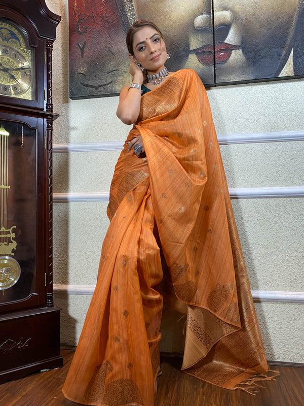 Carrot Orange Handloom Tussar Silk Saree