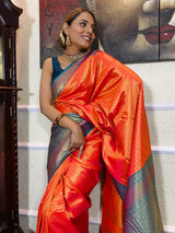 Carrot Orange Kanjeevaram Silk Banarasi Handloom Saree