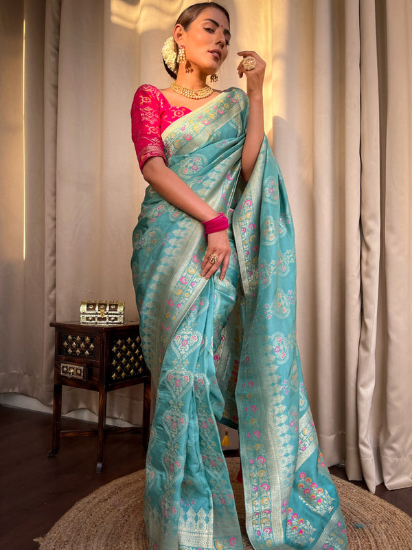 Turquoise Green Meenakari Banarasi Uppada Silk Saree
