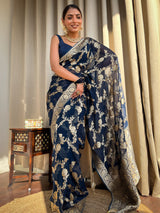 Midnight Blue Banarasi Khaddi Weaved Georgette Saree