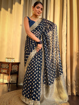 Midnight Blue Banarasi Khaddi Weaved Georgette Saree