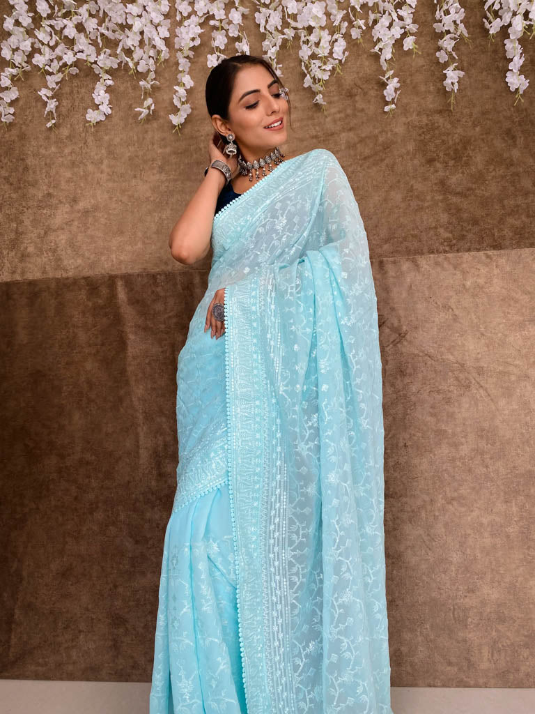 Arctic Blue Chikankari Sequined Georgette Saree