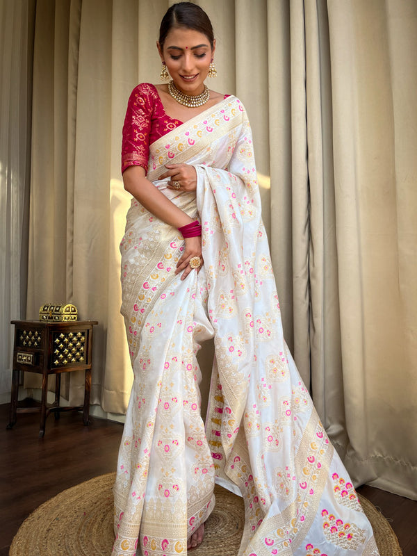 Pearl White Meenakari Banarasi Uppada Silk Saree