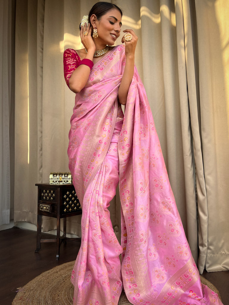 Baby Pink Meenakari Banarasi Uppada Silk Saree