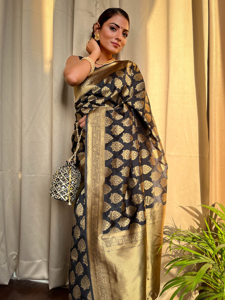 Midnight Black Banarasi Silk Saree