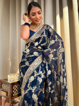 Midnight Blue Banarasi Khaddi Weaved Georgette Saree