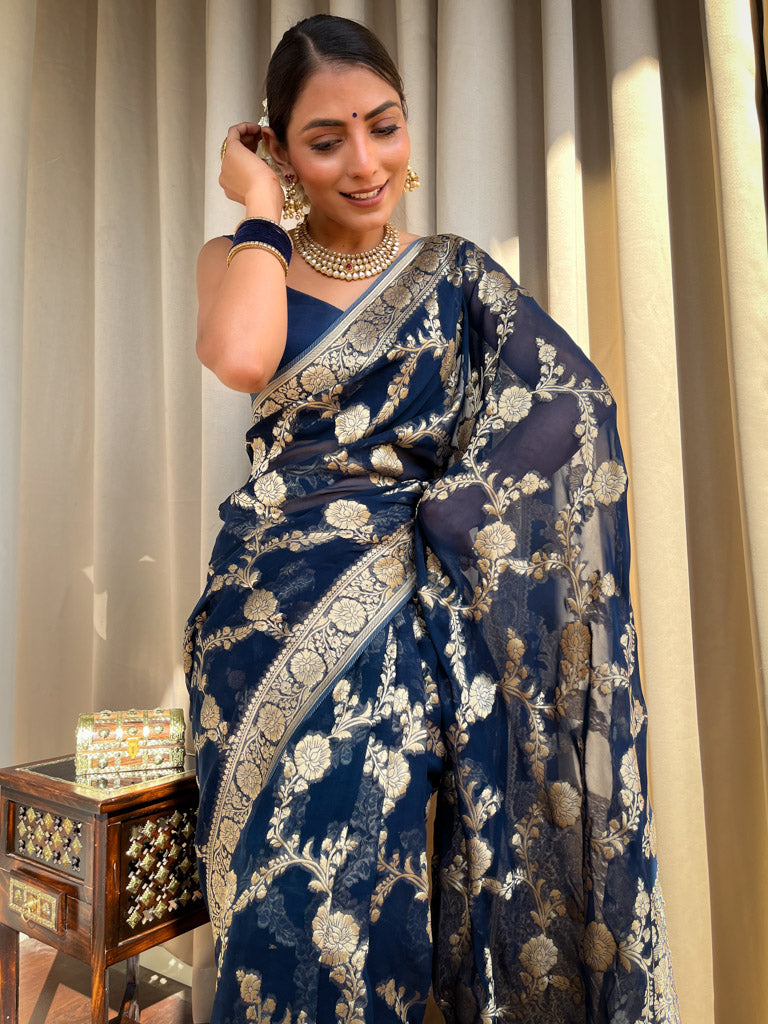 Midnight Blue Banarasi Khaddi Weaved Georgette Saree
