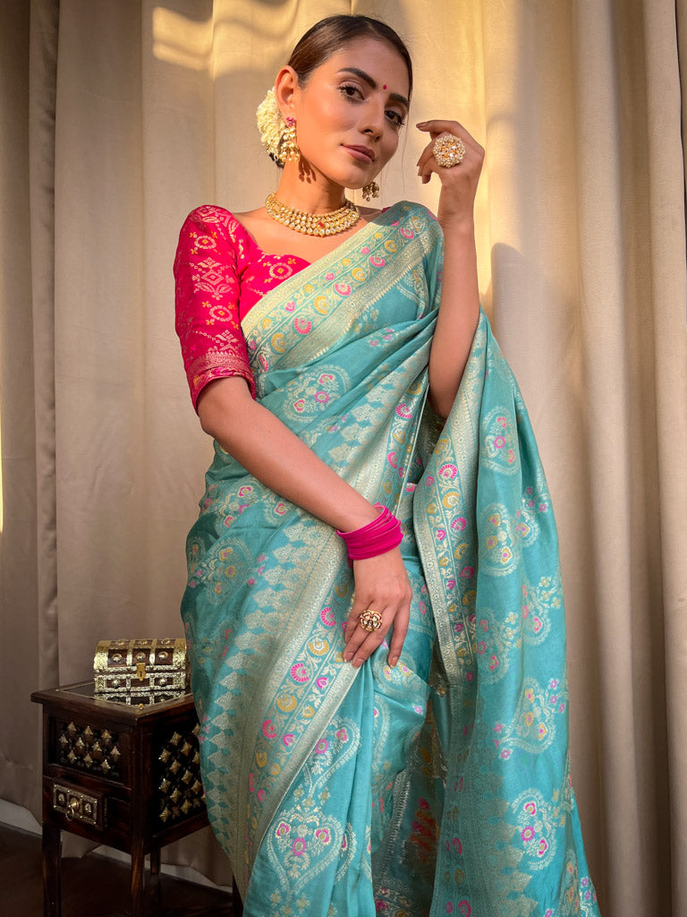 Turquoise Green Meenakari Banarasi Uppada Silk Saree