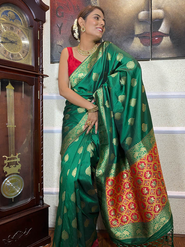 Bottle Green Banarasi Patola Silk Saree