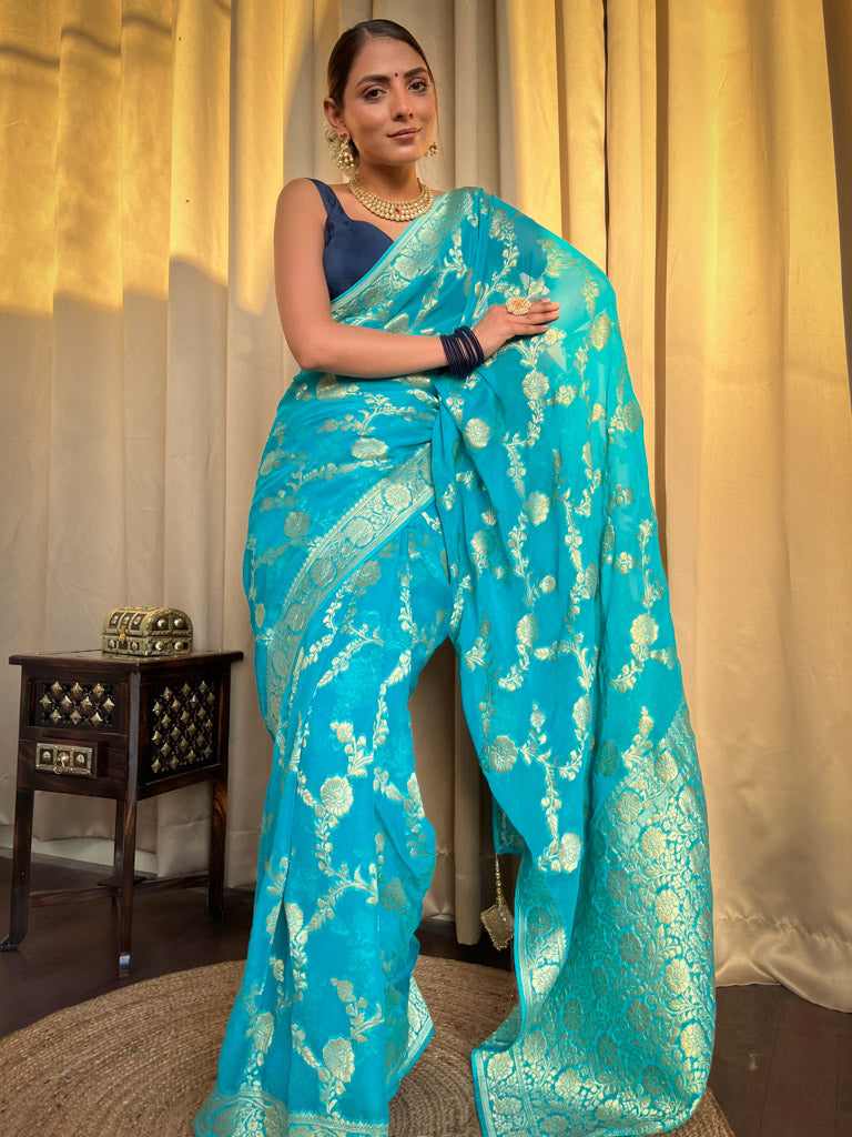 Firozi Blue Banarasi Khaddi Weaved Georgette Saree