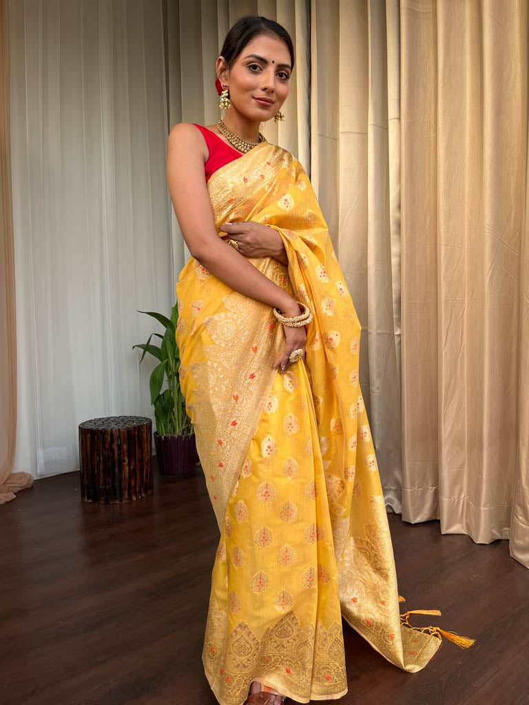 Tuscan Yellow Meenakari Cotton Silk Saree
