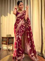 Sangria Wine Banarasi Khaddi Weaved Georgette Saree