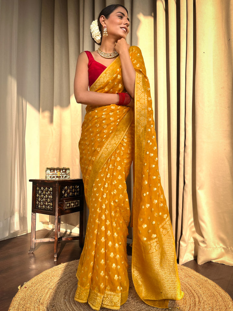 Mustard Yellow Banarasi Khaddi Weaved Georgette Saree
