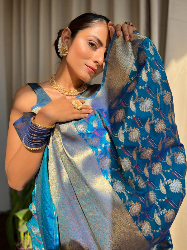 Azure blue Meenakari Banarasi Silk Saree